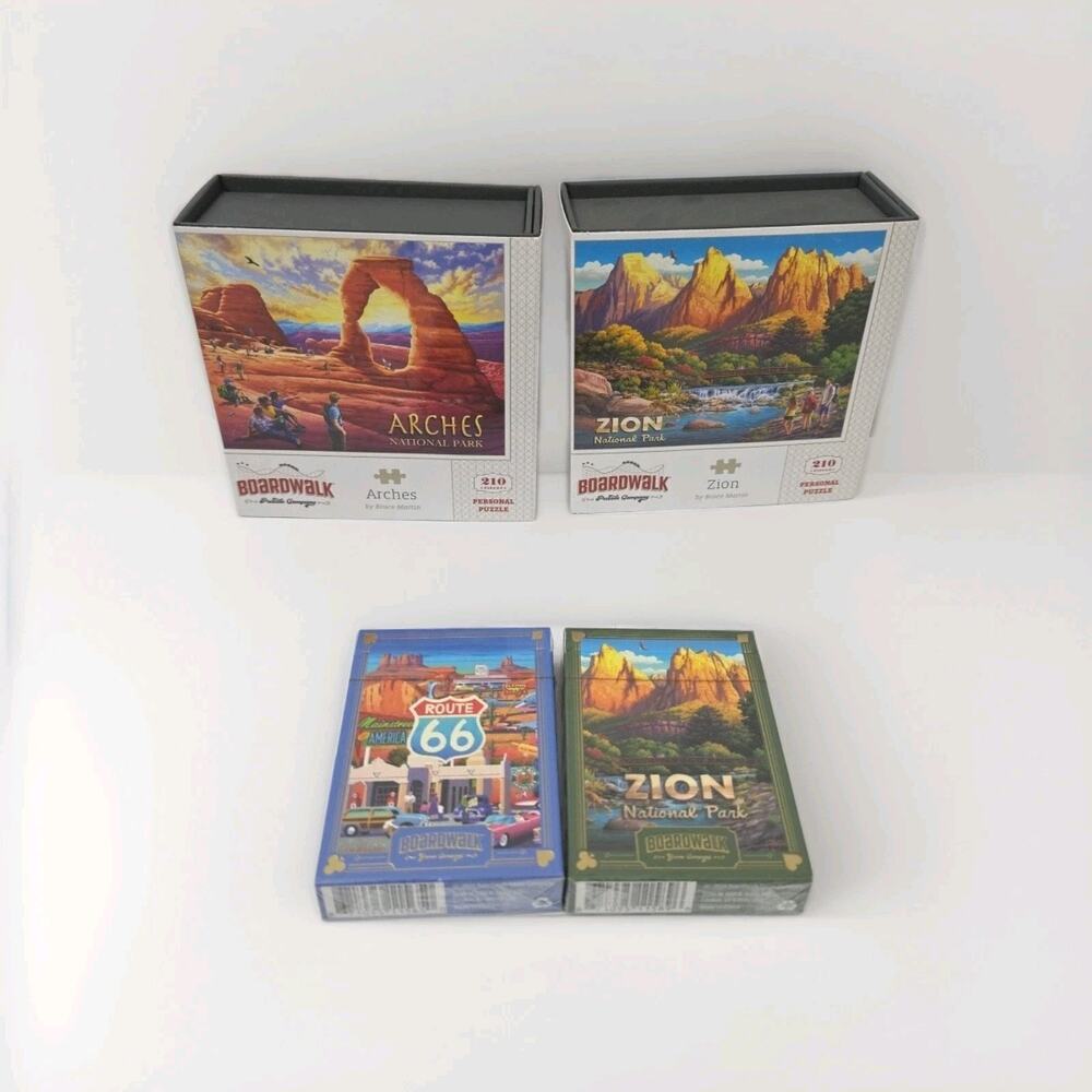 Lot Of 2 Puzzles Zion National Park, Arches Park 210 Pieces By Boardwalk + Cards